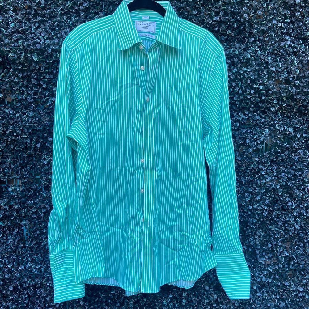 CHARLES TYRWHITT  Dress Shirt Green & White Striped 16.5/34 in. Non- Iron